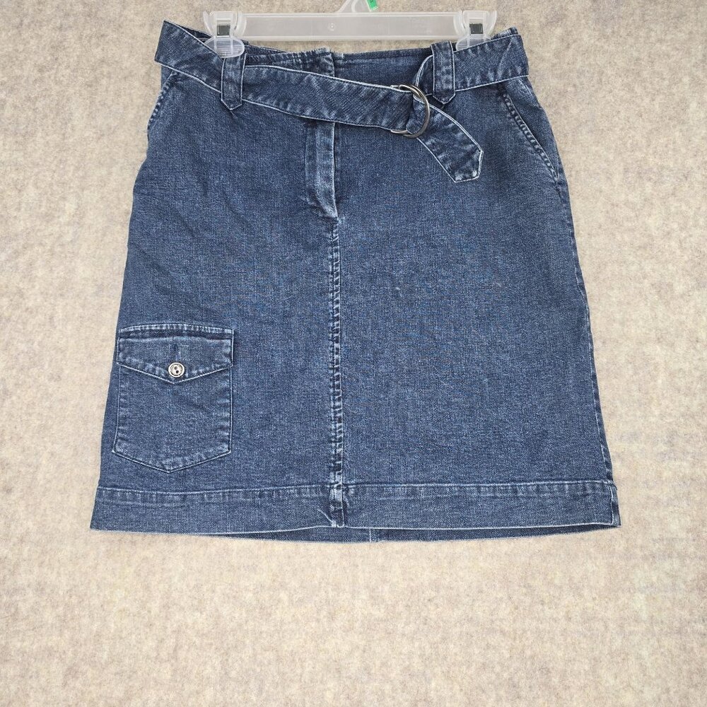Talbots Womens Denim Mini Skirt Blue Size 8 Stretch Casual With Belt Cotton - Picture 1 of 7